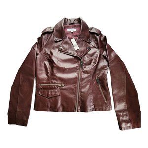 New York & Company Faux Leather Moto‎ Jacket Burgundy Women's Size Large NWT